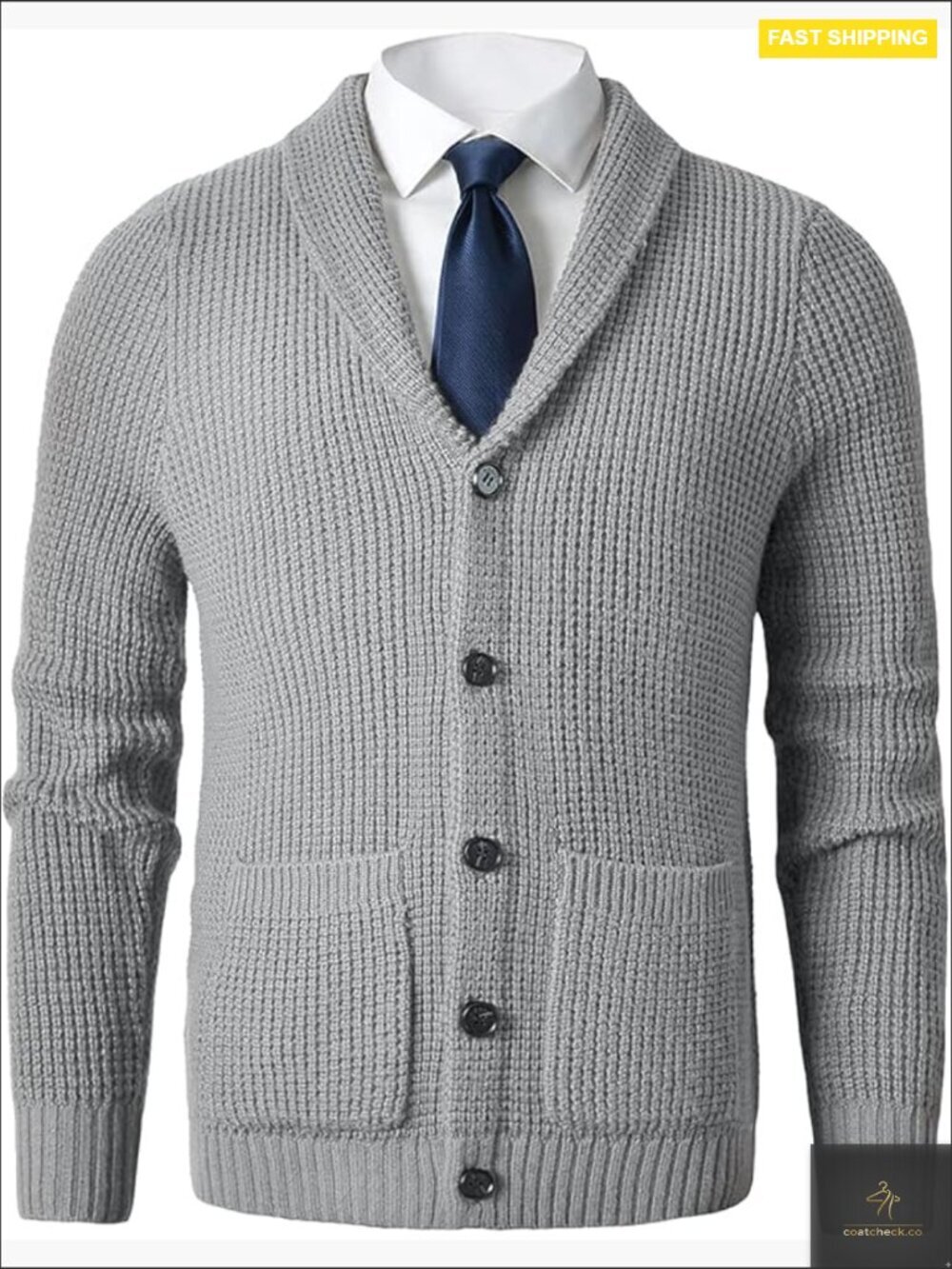 Men's Shawl Collar Cardigan Cable Knit Wool Blend Button Front Patch Pockets